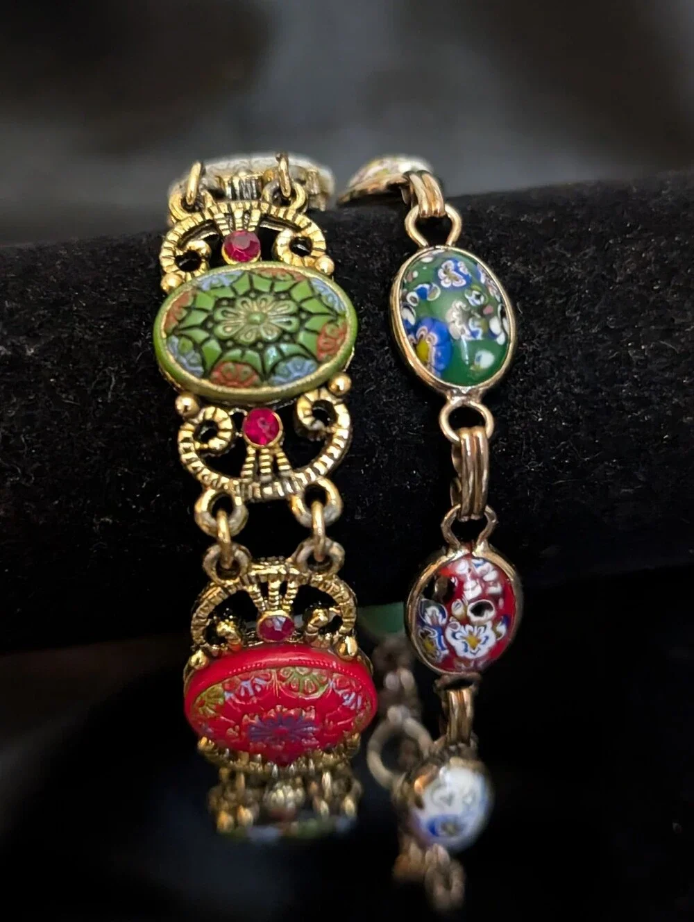 2 Multicolor Murano Mille Fiori & Dome Colorful Cabuchon Bracelets & Ring